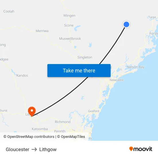 Gloucester to Lithgow map