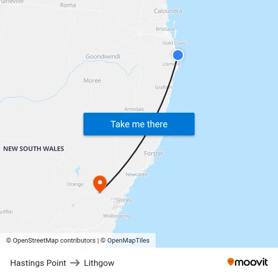 Hastings Point to Lithgow map