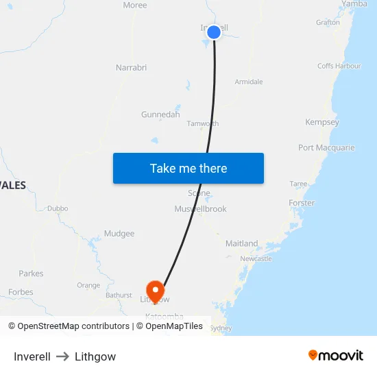 Inverell to Lithgow map
