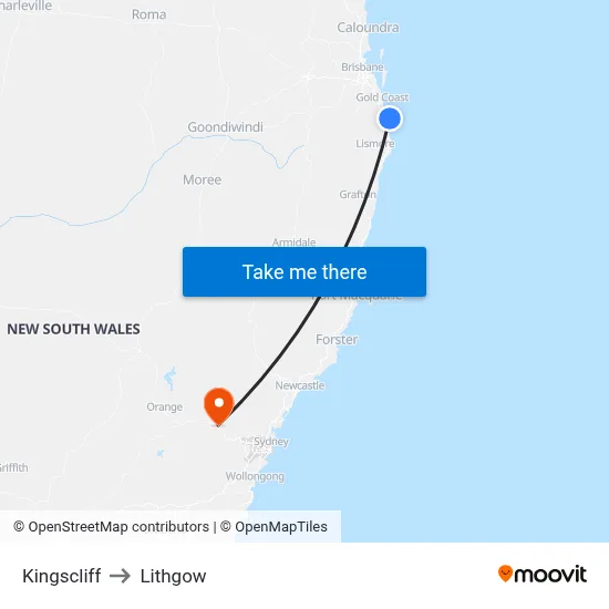 Kingscliff to Lithgow map