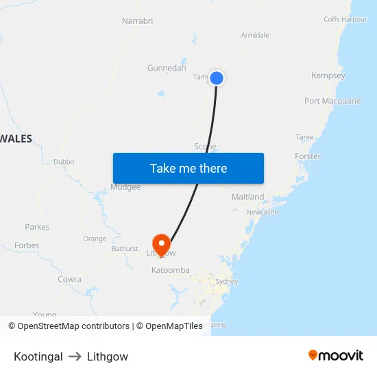 Kootingal to Lithgow map