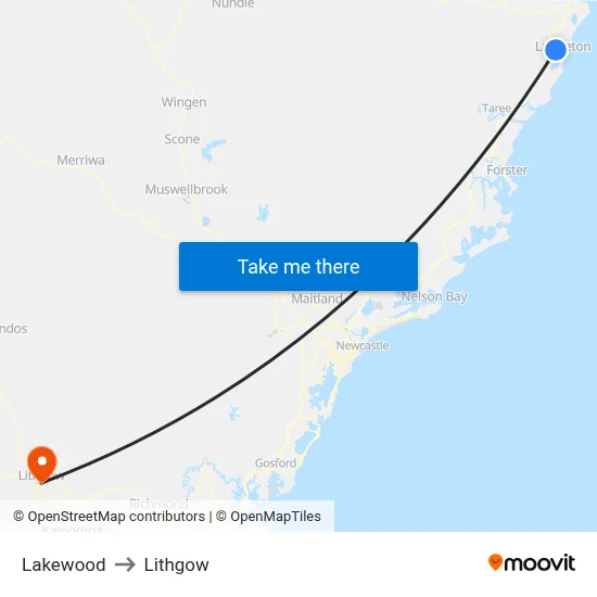 Lakewood to Lithgow map