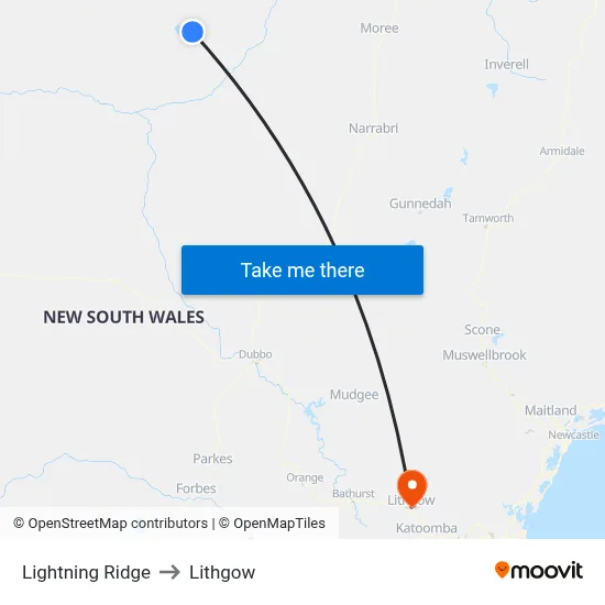 Lightning Ridge to Lithgow map