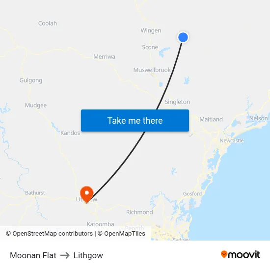 Moonan Flat to Lithgow map