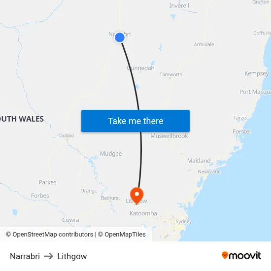 Narrabri to Lithgow map