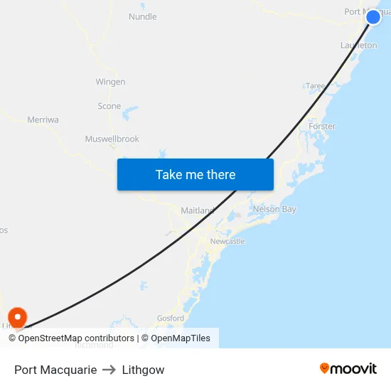 Port Macquarie to Lithgow map