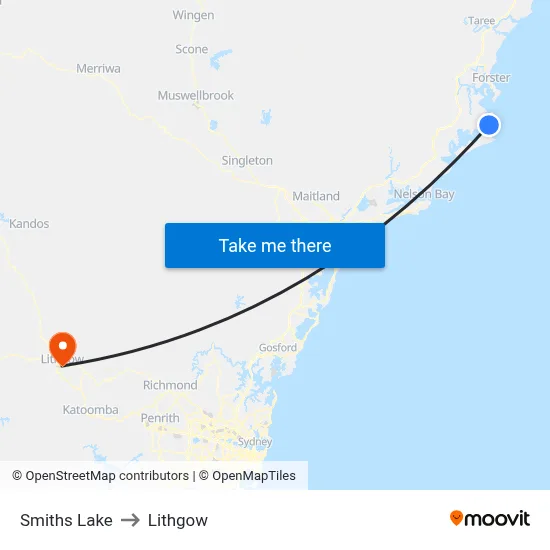 Smiths Lake to Lithgow map