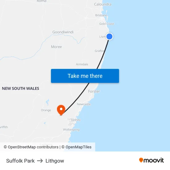 Suffolk Park to Lithgow map