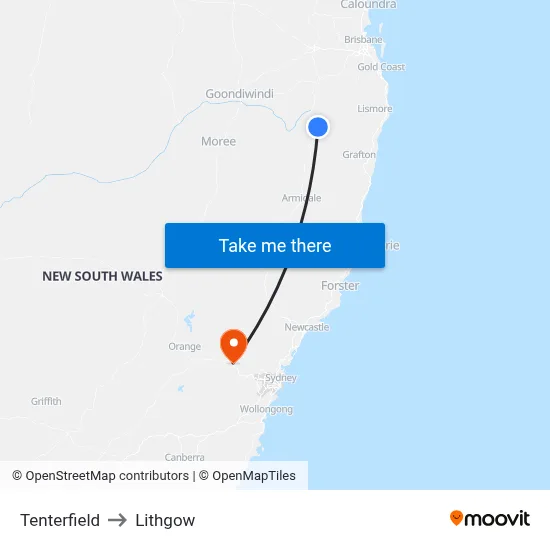 Tenterfield to Lithgow map
