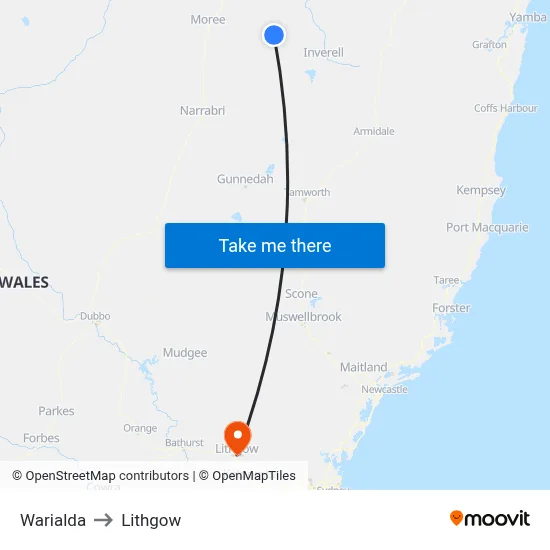 Warialda to Lithgow map