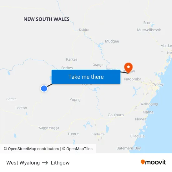 West Wyalong to Lithgow map
