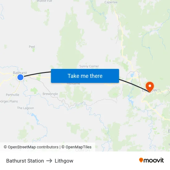 Bathurst Station to Lithgow map