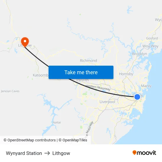 Wynyard Station to Lithgow map