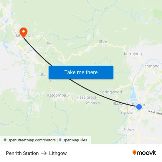 Penrith Station to Lithgow map