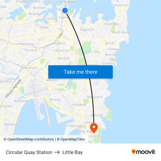 Circular Quay Station to Little Bay map