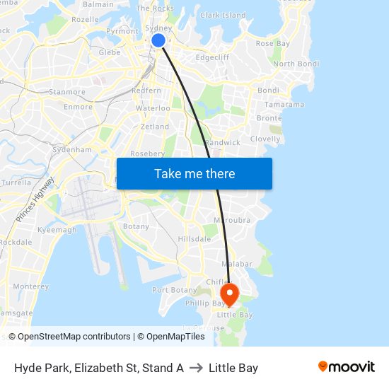 Hyde Park, Elizabeth St, Stand A to Little Bay map