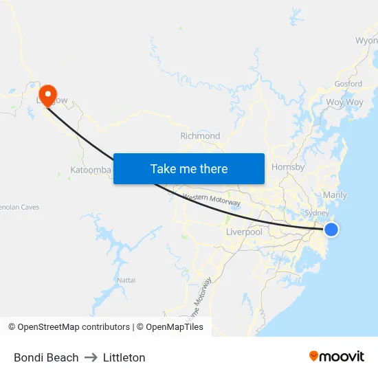 Bondi Beach to Littleton map