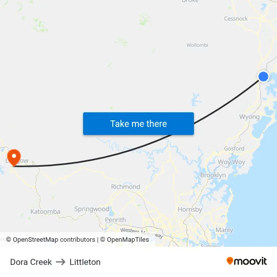 Dora Creek to Littleton map