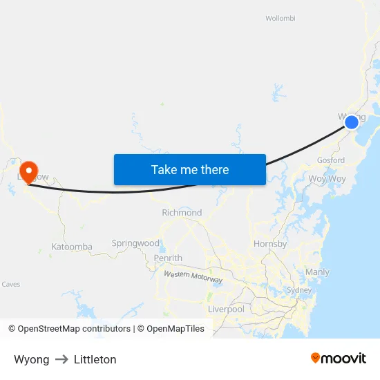 Wyong to Littleton map