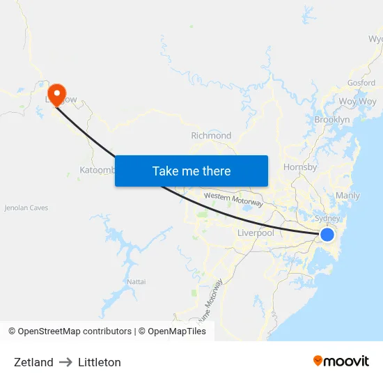 Zetland to Littleton map