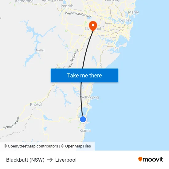 Blackbutt (NSW) to Liverpool map