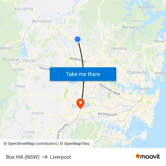 Box Hill (NSW) to Liverpool map