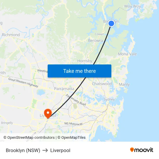 Brooklyn (NSW) to Liverpool map