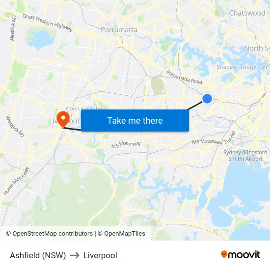 Ashfield (NSW) to Liverpool map