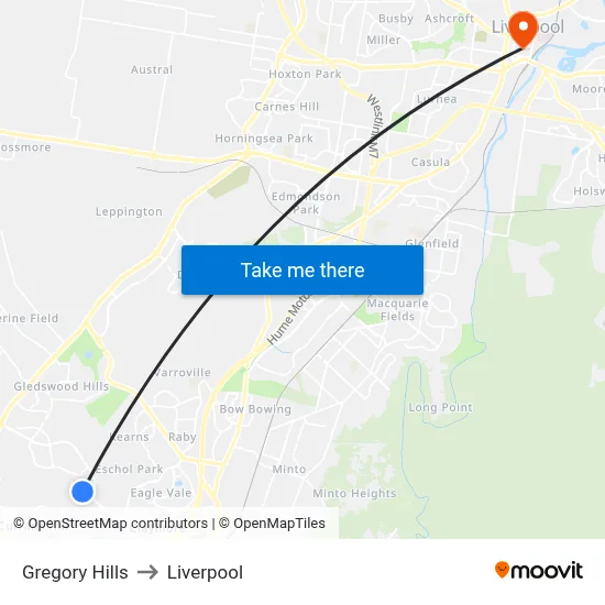 Gregory Hills to Liverpool map