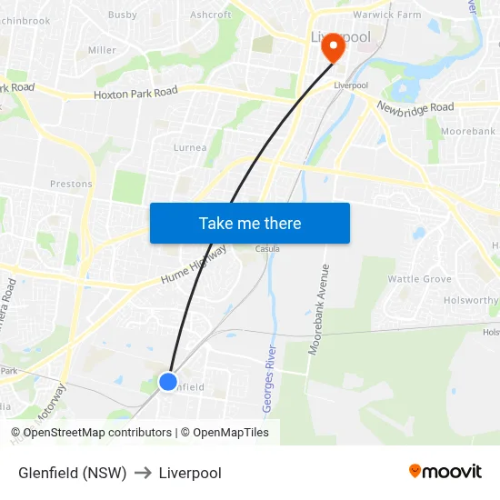 Glenfield (NSW) to Liverpool map