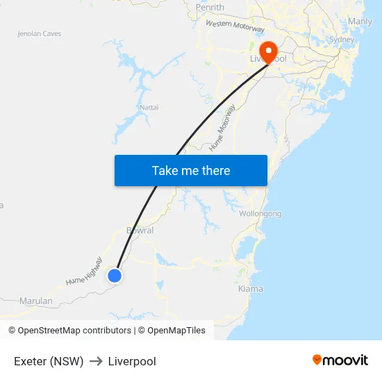 Exeter (NSW) to Liverpool map