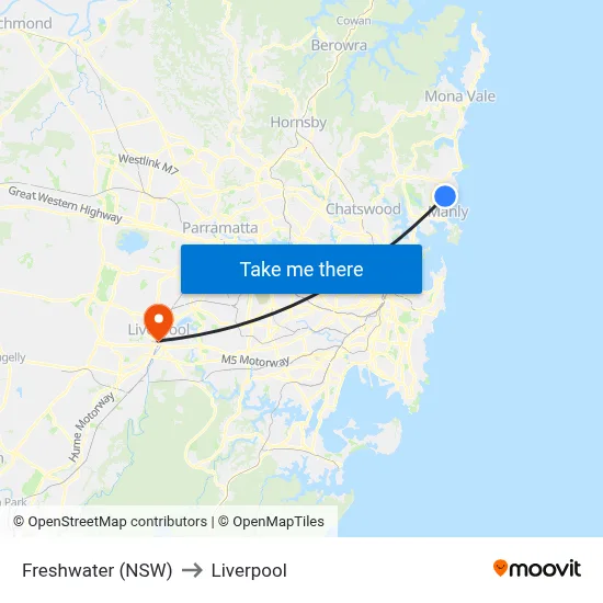 Freshwater (NSW) to Liverpool map