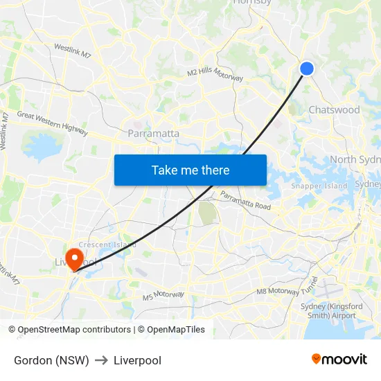 Gordon (NSW) to Liverpool map