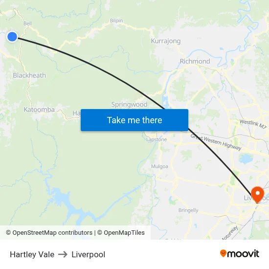 Hartley Vale to Liverpool map