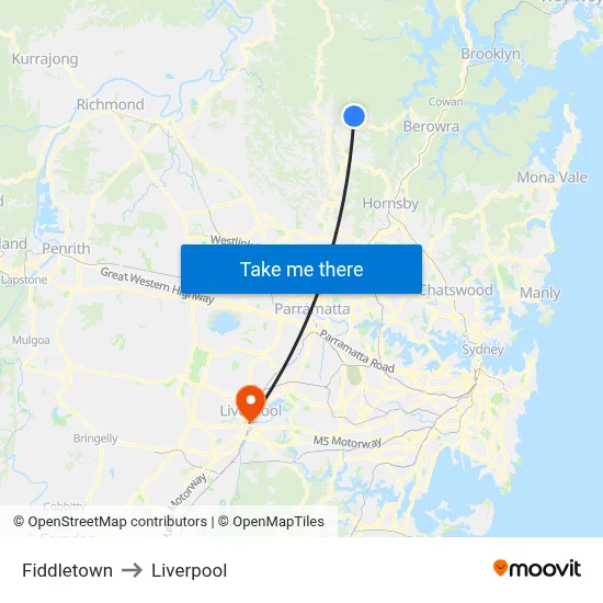 Fiddletown to Liverpool map