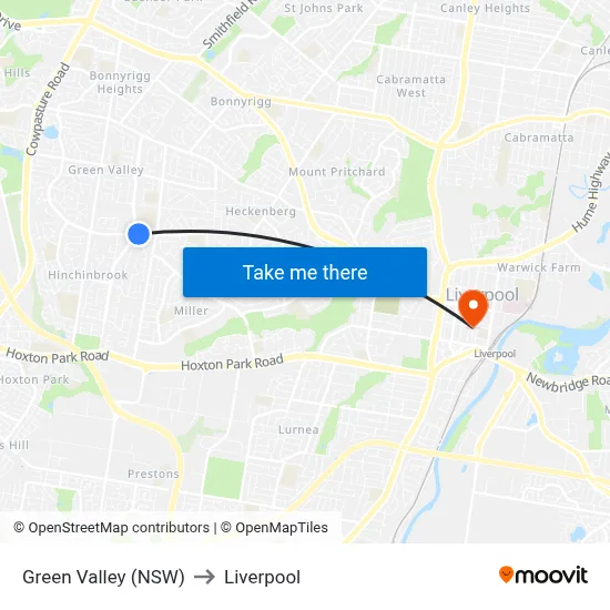 Green Valley (NSW) to Liverpool map