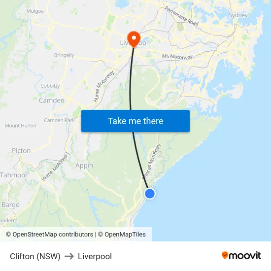 Clifton (NSW) to Liverpool map