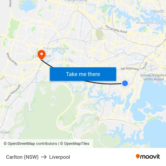 Carlton (NSW) to Liverpool map