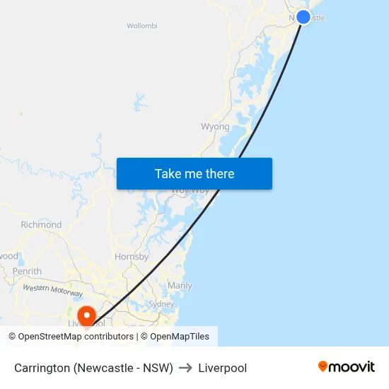Carrington (Newcastle - NSW) to Liverpool map