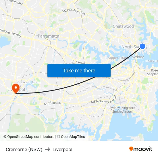 Cremorne (NSW) to Liverpool map