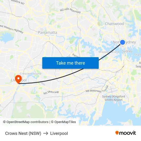 Crows Nest (NSW) to Liverpool map