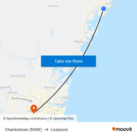 Charlestown (NSW) to Liverpool map