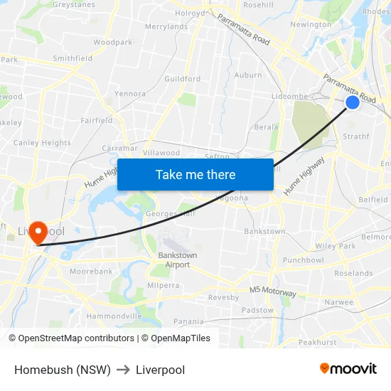 Homebush (NSW) to Liverpool map