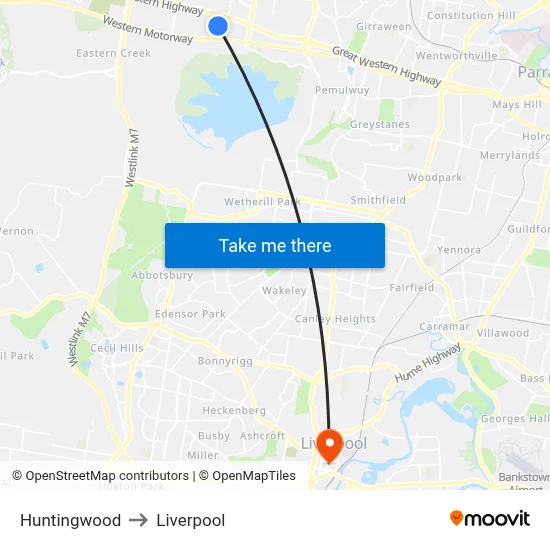 Huntingwood to Liverpool map