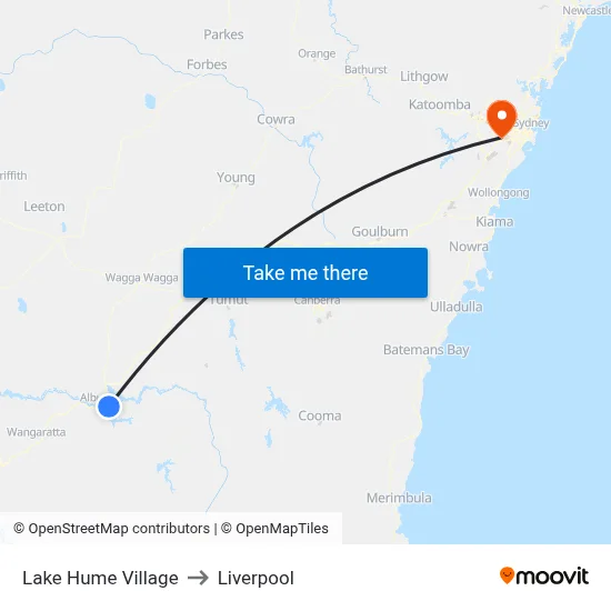 Lake Hume Village to Liverpool map