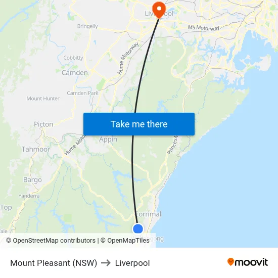 Mount Pleasant (NSW) to Liverpool map