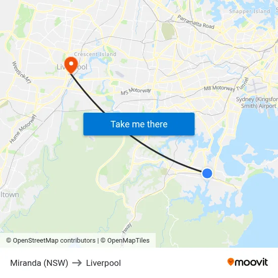 Miranda (NSW) to Liverpool map