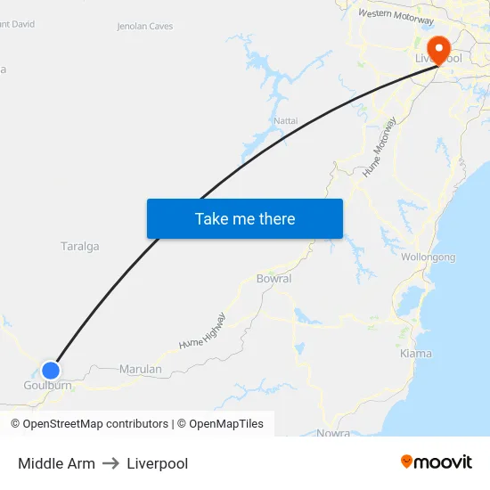 Middle Arm to Liverpool map