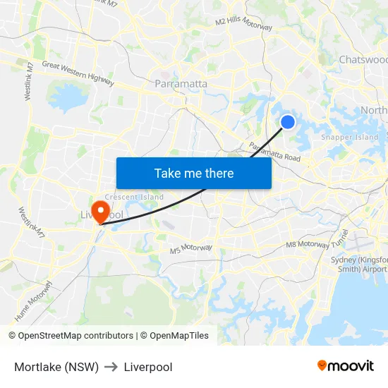 Mortlake (NSW) to Liverpool map