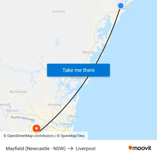 Mayfield (Newcastle - NSW) to Liverpool map